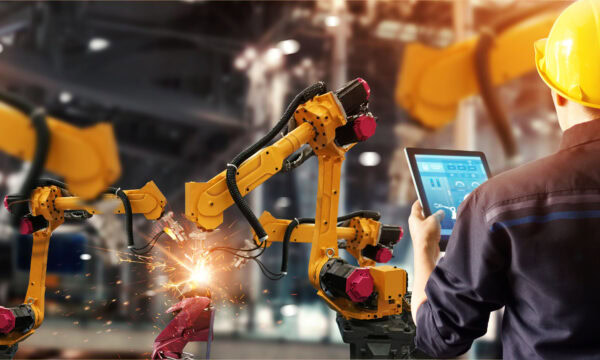 Engineer checks and controls robotic welding arms machine in intelligent factory with monitoring system software.